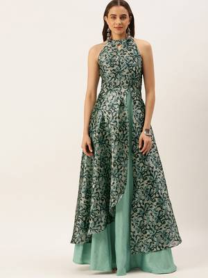 Ethnovog Ready To Wear Blue Art Silk Digital Printed Halter Neck Dress 1