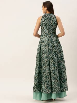 Ethnovog Ready To Wear Blue Art Silk Digital Printed Halter Neck Dress 2