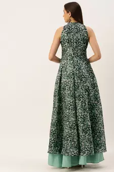 Ethnovog Ready To Wear Blue Art Silk Digital Printed Halter Neck Dress