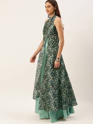 Ethnovog Ready To Wear Blue Art Silk Digital Printed Halter Neck Dress 3