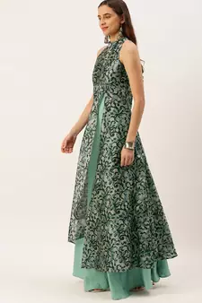 Ethnovog Ready To Wear Blue Art Silk Digital Printed Halter Neck Dress