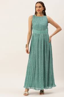 Ethnovog Ready To Wear Blue N White Printed Pleated Georgette Dress