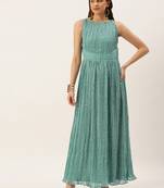 Ethnovog Ready To Wear Blue N White Printed Pleated Georgette Dress