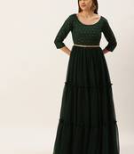 Ethnovog Ready To Wear Teal Green Cotton Jacquard N Georgette Dress