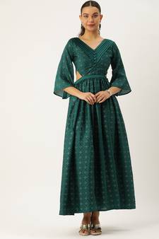 Ethnovog Ready To Wear Teal Green Art Silk Foil Printed Maxi Dress