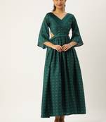 Ethnovog Ready To Wear Teal Green Art Silk Foil Printed Maxi Dress