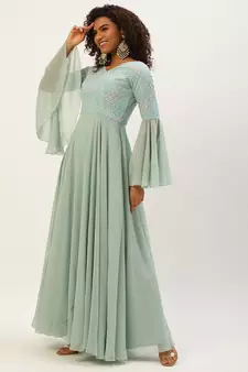 Ethnovog Ready To Wear Multicolored Bell Sleeves Embroidered Gown