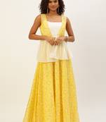 Ethnovog Ready To Wear Off White N Yellow Foil Printed Gown