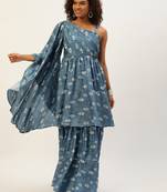 Ethnovog Ready To Wear Blue Art Silk Digital Printed Gown