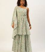 Ethnovog Ready To Wear Green Muslin Digital Printed Gown
