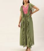 Ethnovog Ready To Wear Green N Rouge Pink Chinon Ruffles Gown