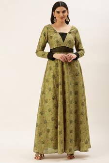Ethnovog Ready To Wear Green Printed Art Silk Cotton Gown