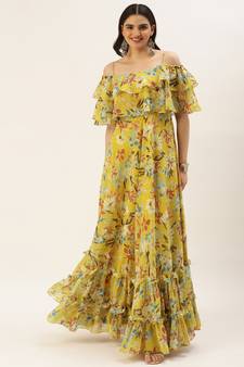 Ethnovog Ready To Wear Yellow Georgette Digital Printed Gown