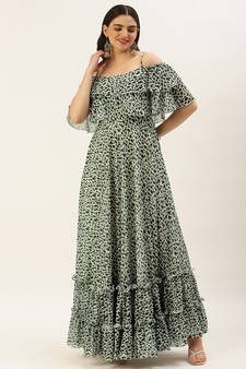 Ethnovog Ready To Wear Cream Georgette Digital Printed Gown