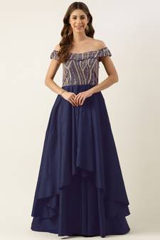 Ethnovog Ready To Wear Navy Blue N Pink Embroidered Off Shoulder Gown