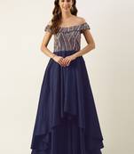 Ethnovog Ready To Wear Navy Blue N Pink Embroidered Off Shoulder Gown
