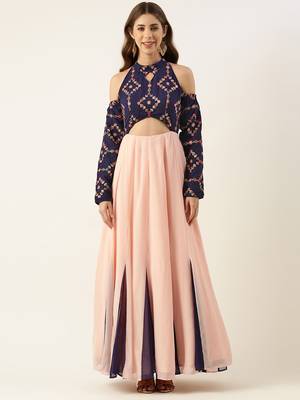 Ethnovog Ready To Wear Royal Blue N Peach Georgette Embroidered Gown 1