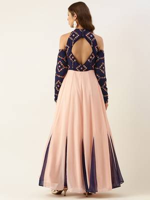Ethnovog Ready To Wear Royal Blue N Peach Georgette Embroidered Gown 2