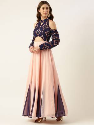 Ethnovog Ready To Wear Royal Blue N Peach Georgette Embroidered Gown 3
