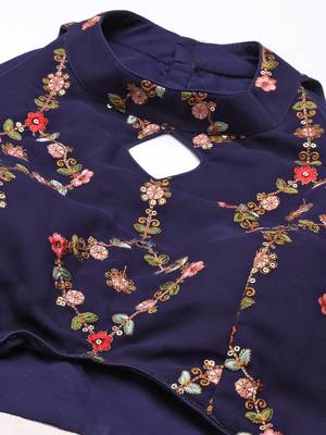 Ethnovog Ready To Wear Royal Blue N Peach Georgette Embroidered Gown 4