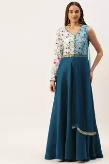 Ethnovog Ready To Wear White Georgette Embroidered N Blue Gown