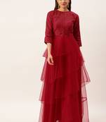 Ethnovog Ready To Wear Dark Red Georgette Embroidered Layered Gown