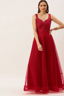 Ethnovog Ready To Wear Dark Red Georgette Sequins Embroidered Gown