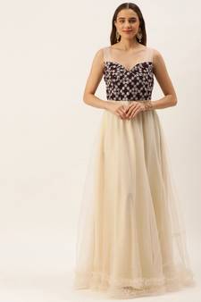Ethnovog Ready To Wear Cream N Dark Wine Muslin Sequins Embroidered Gown