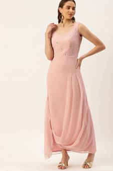 Ethnovog Ready To Wear Pink Georgette Embroidered Cowl Dress