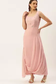 Ethnovog Ready To Wear Pink Georgette Embroidered Cowl Dress