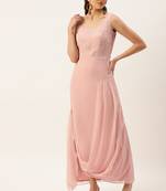 Ethnovog Ready To Wear Pink Georgette Embroidered Cowl Dress
