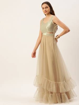 Ethnovog Ready To Wear Silver Sequins Embroidered N Light Beige Net Gown 3