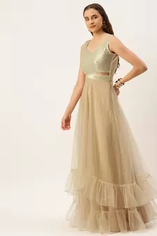 Ethnovog Ready To Wear Silver Sequins Embroidered N Light Beige Net Gown