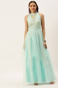 Ethnovog Ready To Wear Light Sea Green Net Embroidered Gown