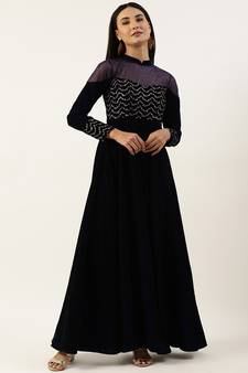 Ethnovog Ready To Wear Blue Velvet Embroidered Gown