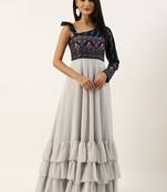 Ethnovog Ready To Wear Silver N Teal Green Georgette Embroidered Gown