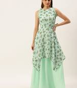 Ethnovog Ready To Wear Mint Green Georgette Printed Halter Neck Gown
