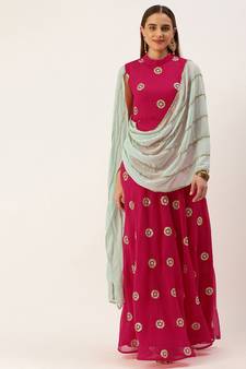 Ethnovog Ready To Wear Dark Pink Georgette Embroidered Drape Gown