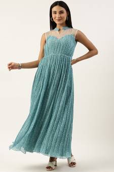 Ethnovog Ready To Wear Blue N White Printed Pleated Georgette Gown