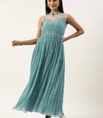 Ethnovog Ready To Wear Blue N White Printed Pleated Georgette Gown