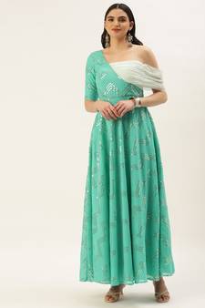 Ethnovog Ready To Wear Green Georgette Embroidered One Shoulder Gown