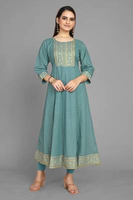 Kasee Sky Blue Fancy Straight Anarkali Kurti WIth Print & Embroidery Work 1