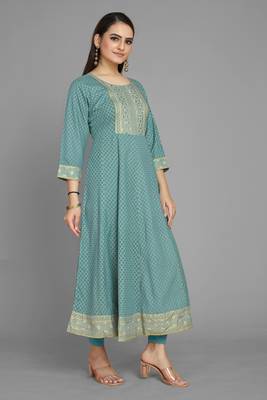 Kasee Sky Blue Fancy Straight Anarkali Kurti WIth Print & Embroidery Work 2