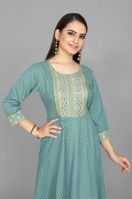 Kasee Sky Blue Fancy Straight Anarkali Kurti WIth Print & Embroidery Work 5
