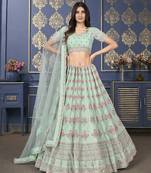 Mesmerizing Light green Thread Embroidered with Zarkan Georgette Semi Stitched Lehenga choli with dupatta