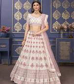 Delightful Off White Thread Embroidered with Zarkan Georgette Semi Stitched Lehenga choli for wedding