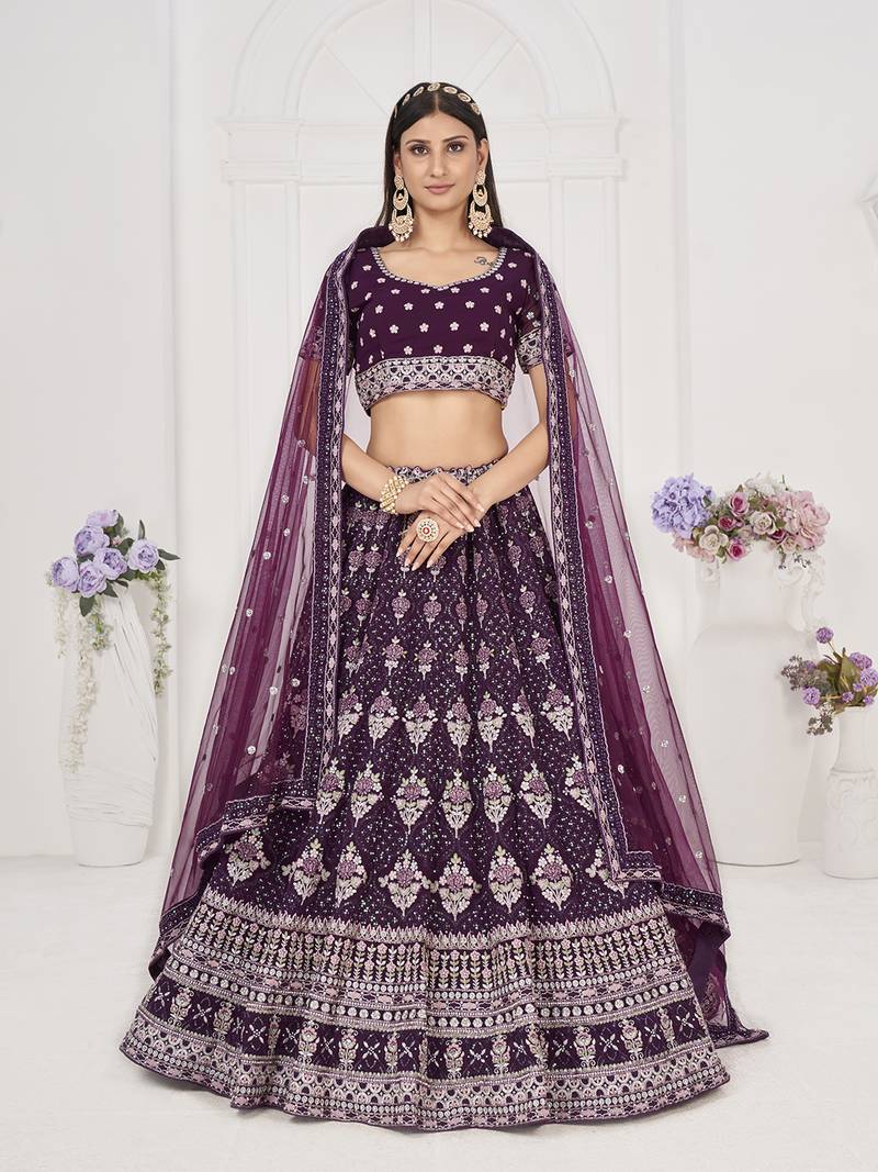Fetching Wine Thread Embroidered with Zarkan Georgette Semi Stitched Party wear Lehenga choli