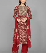 Kasee Dark Maroon Fancy Straight A-Line Kurti WIth Bandhni Print & Embroidery Work With Dupatta