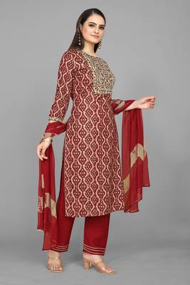 Kasee Dark Maroon Fancy Straight A-Line Kurti WIth Bandhni Print & Embroidery Work With Dupatta 2