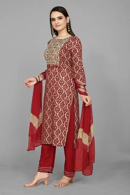Kasee Dark Maroon Fancy Straight A-Line Kurti WIth Bandhni Print & Embroidery Work With Dupatta 3